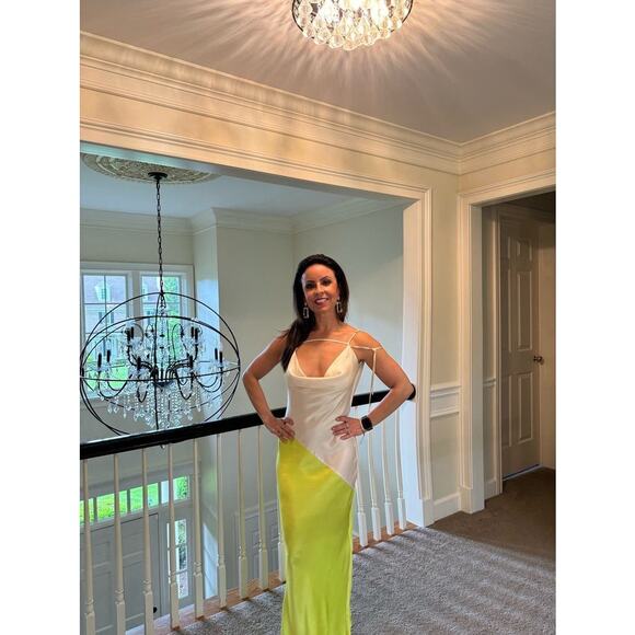 SAN SLOANE White Lime Green Satin Slip Style Cowl Neck Dress Size Small - Picture 3 of 14